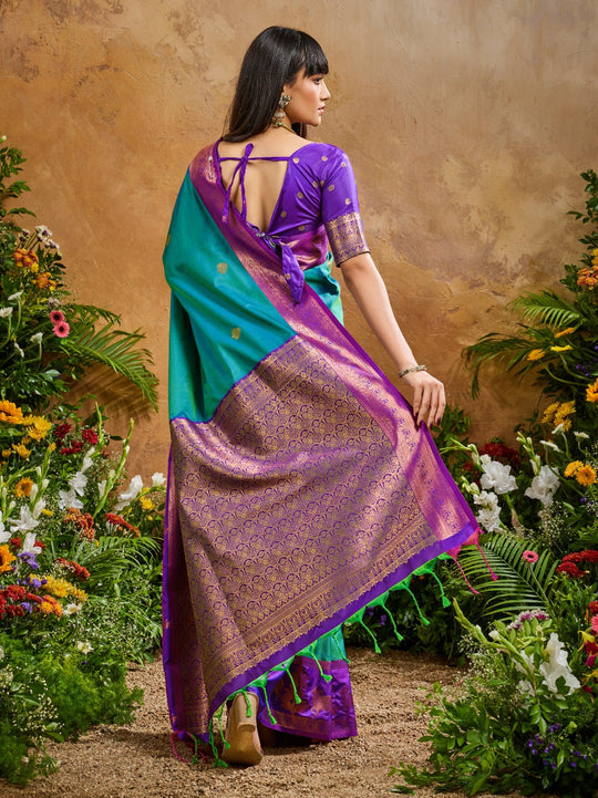 Rama Pure Silk Handloom Weaving Saree With Blouse Piece