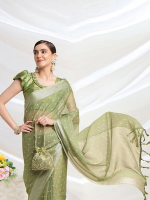 Olive Chiffon Ready To Wear Saree With Blouse Piece