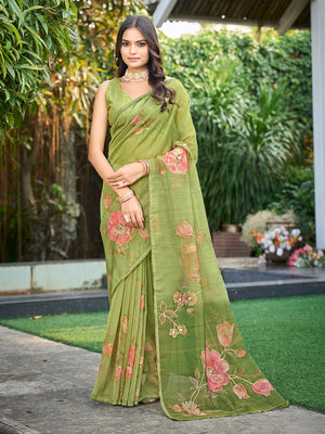 Green Tissue Festive Wear Saree With Blouse Piece
