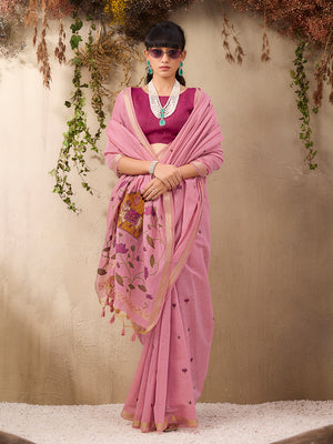 Pink Munga Cotton Handloom Weaving Saree With Blouse Piece