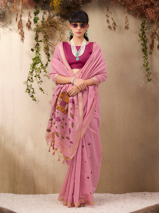 Pink Munga Cotton Handloom Weaving Saree With Blouse Piece