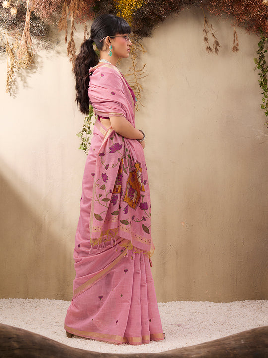 Pink Munga Cotton Handloom Weaving Saree With Blouse Piece