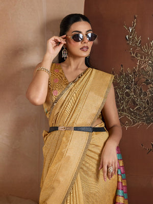 Yellow Handwoven Bhagalpuri Weaving With Multi Pallu & Blouse Saree With Blouse Piece