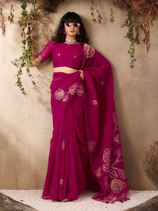 Pink Pure Munga Silk Handloom Weaving Saree With Blouse Piece