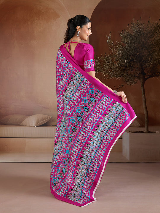 Pink Printed Ajarakh Satin Crepe Saree With Blouse Piece