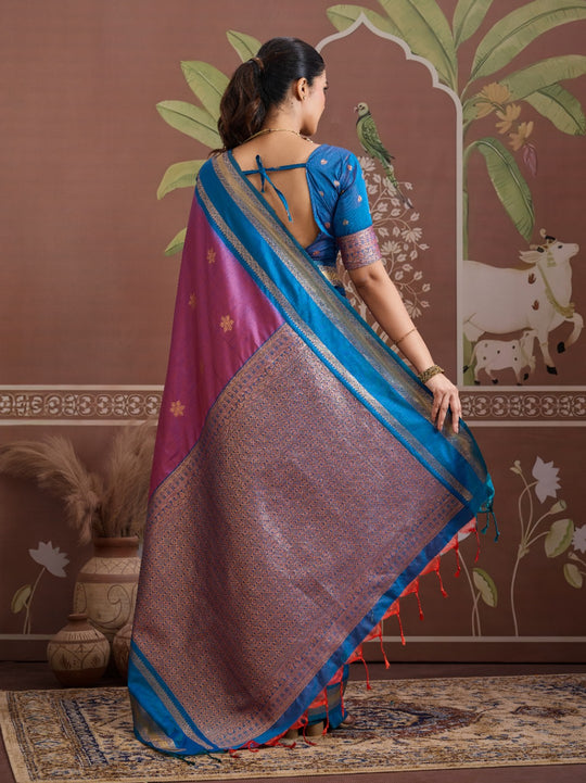 Wine Tussar Silk Handloom Weaving Saree With Blouse Piece