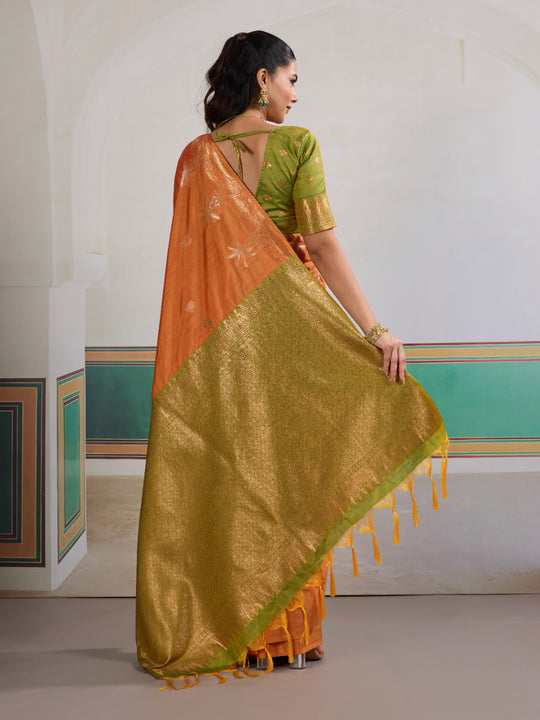 Orange Tussar Silk Handloom Weaving Saree With Blouse Piece