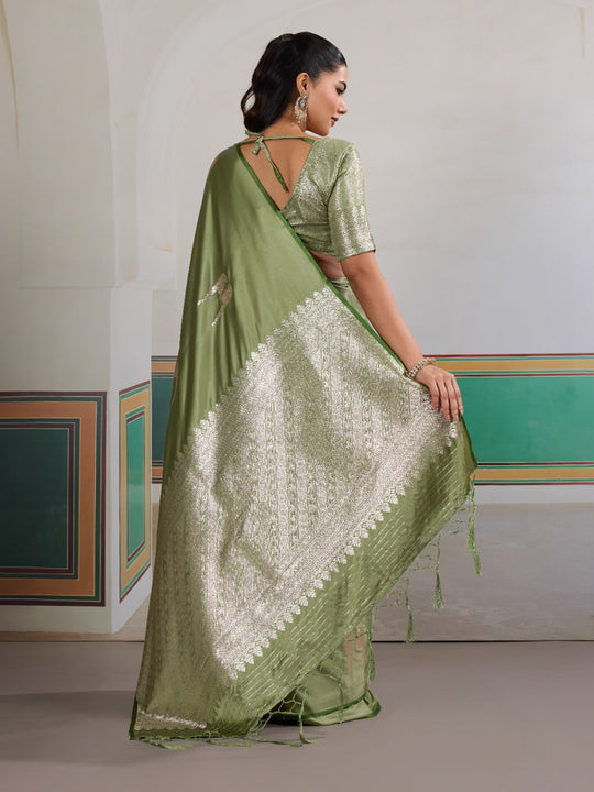 Green Pure Satin Handloom Weaving Saree With Blouse Piece