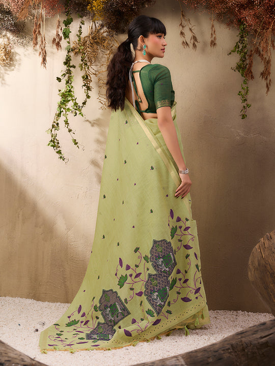 Green Munga Cotton Handloom Weaving Saree With Blouse Piece