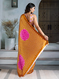 Yellow Printed Ajarakh Satin Crepe Saree With Blouse Piece