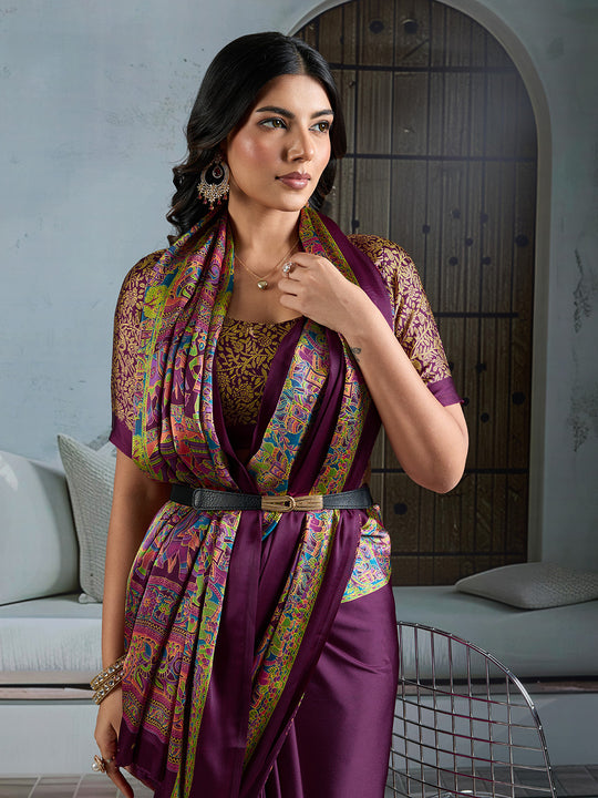 Wine Printed Ajarakh Satin Crepe Saree With Blouse Piece