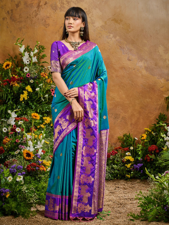 Rama Pure Silk Handloom Weaving Saree With Blouse Piece