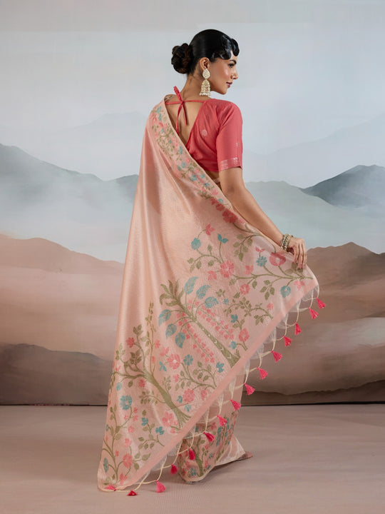 Light-Pink Handloom Zari Tissue - Brasso Weaving Saree With Blouse Piece