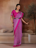 Pink Printed Ajarakh Satin Crepe Saree With Blouse Piece