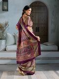 Wine Printed Ajarakh Satin Crepe Saree With Blouse Piece
