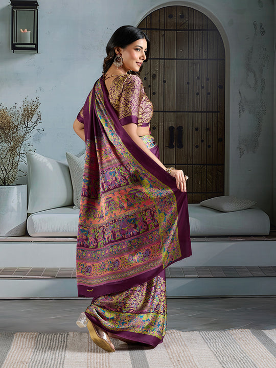 Wine Printed Ajarakh Satin Crepe Saree With Blouse Piece