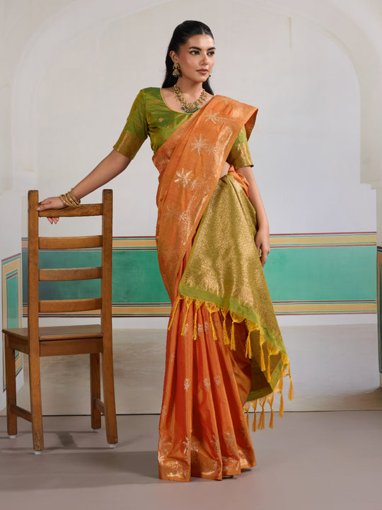 Orange Tussar Silk Handloom Weaving Saree With Blouse Piece
