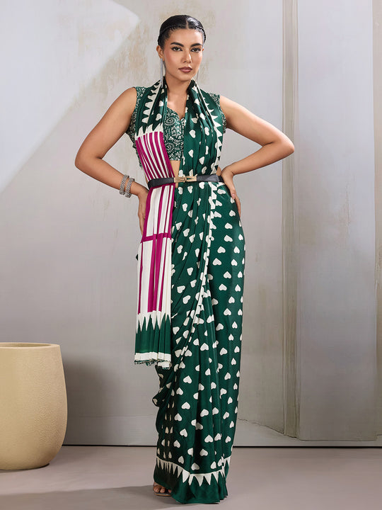 Green Printed Ajarakh Satin Crepe Saree With Blouse Piece