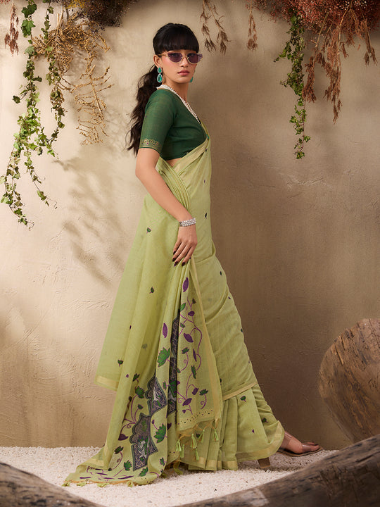 Green Munga Cotton Handloom Weaving Saree With Blouse Piece