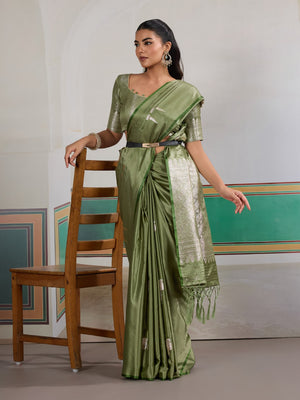 Green Pure Satin Handloom Weaving Saree With Blouse Piece