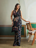 Black Printed Ajarakh Satin Crepe Saree With Blouse Piece