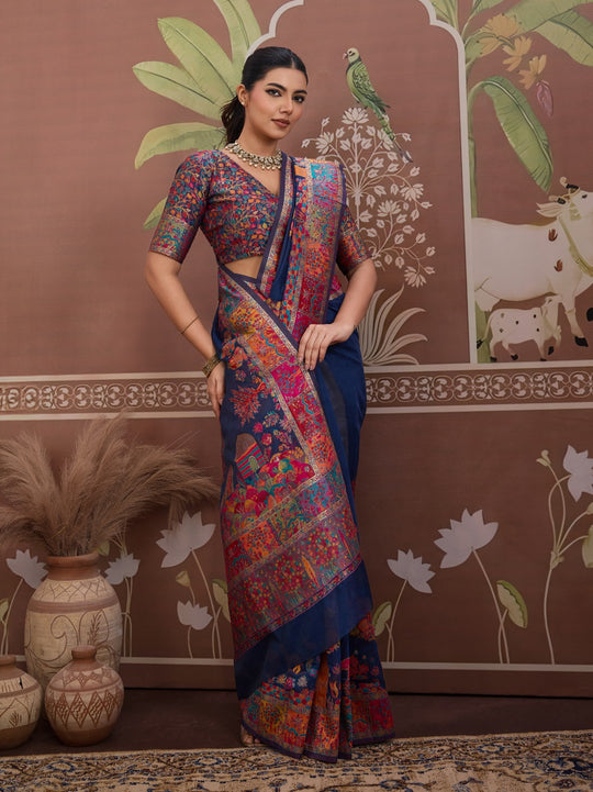 Blue Modal Cotton Pashmina Weaving Saree With Blouse Piece