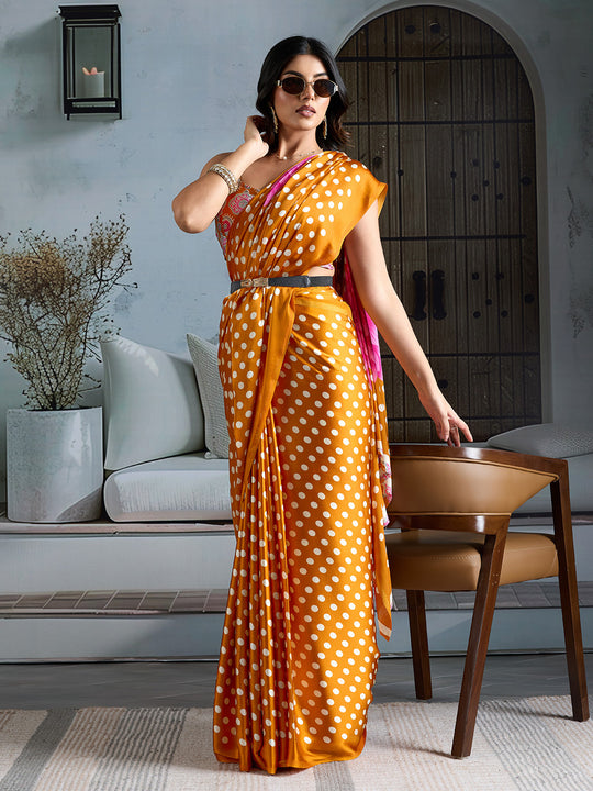 Yellow Printed Ajarakh Satin Crepe Saree With Blouse Piece