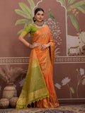 Orange Tussar Silk Handloom Weaving Saree With Blouse Piece