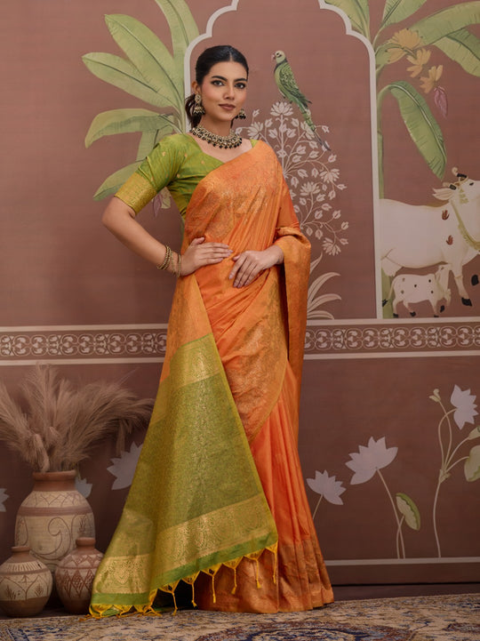 Orange Tussar Silk Handloom Weaving Saree With Blouse Piece
