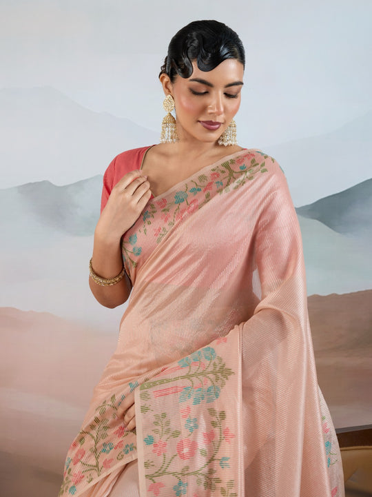 Light-Pink Handloom Zari Tissue - Brasso Weaving Saree With Blouse Piece