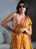 Yellow Printed Ajarakh Satin Crepe Saree With Blouse Piece