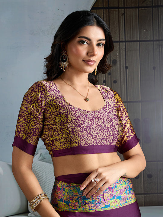 Wine Printed Ajarakh Satin Crepe Saree With Blouse Piece