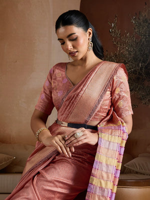 Light-Pink Handwoven Bhagalpuri Weaving With Multi Pallu & Blouse Saree With Blouse Piece