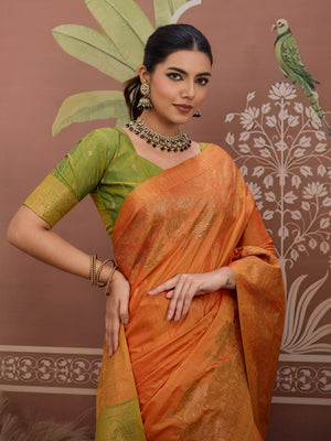 Orange Tussar Silk Handloom Weaving Saree With Blouse Piece