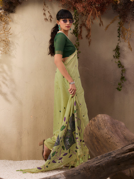 Green Munga Cotton Handloom Weaving Saree With Blouse Piece