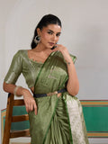 Green Pure Satin Handloom Weaving Saree With Blouse Piece