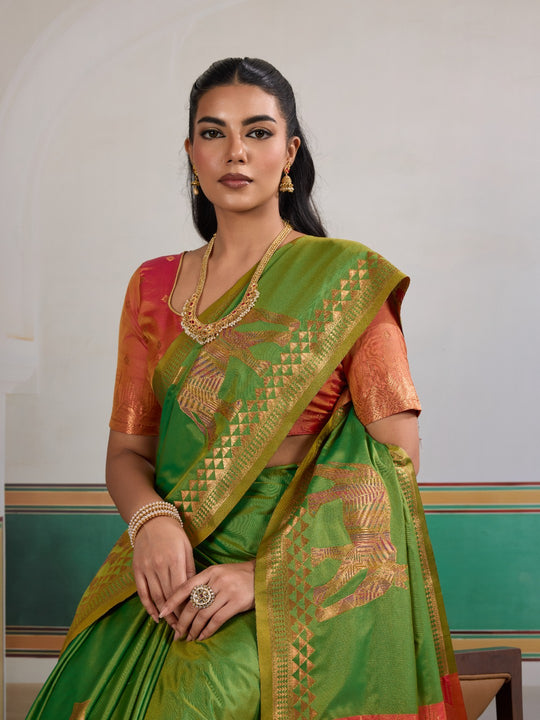 Green Pure Silk Handloom Weaving Saree With Blouse Piece