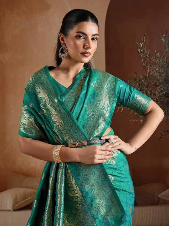 Rama Handloom Weaving Silk Saree With Blouse Piece