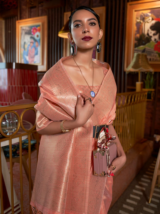 Peach Tussar Silk Saree With Blouse Piece