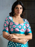 Rama Printed Ajarakh Satin Crepe Saree With Blouse Piece