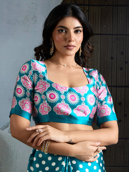 Rama Printed Ajarakh Satin Crepe Saree With Blouse Piece