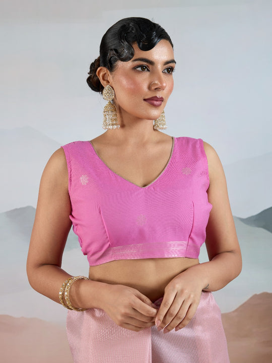 Pink Handloom Zari Tissue - Brasso Weaving Saree With Blouse Piece