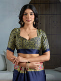 Blue Printed Ajarakh Satin Crepe Saree With Blouse Piece