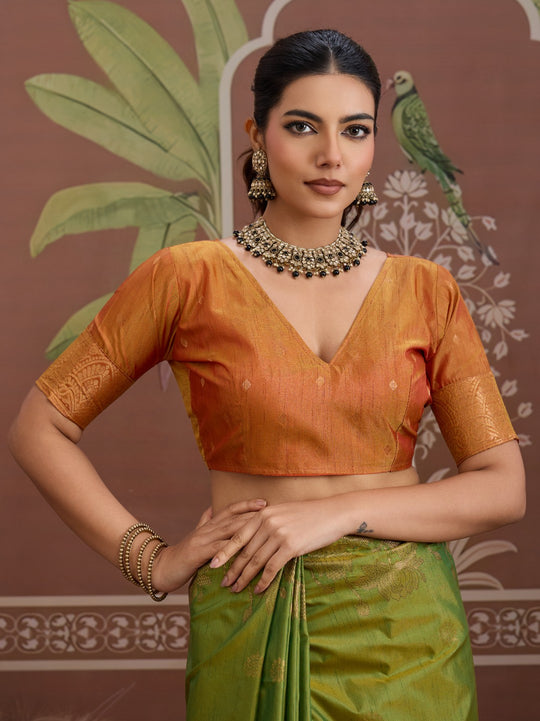 Green Tussar Silk Handloom Weaving Saree With Blouse Piece