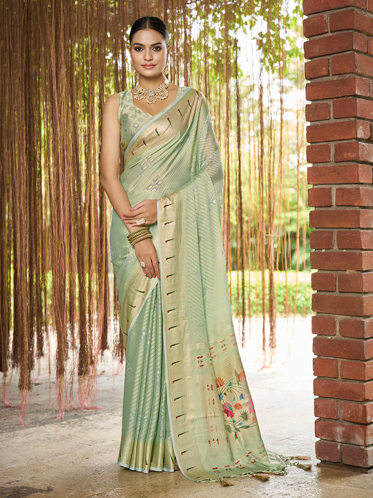 Sea Green Brasso Festive Wear Saree With Blouse Piece