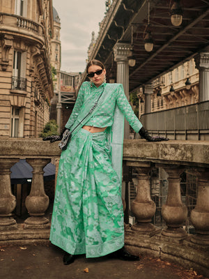 Cyan Organza Chickankari Saree With Blouse Piece