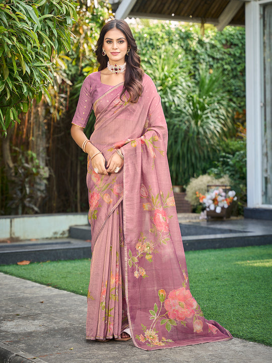 Pink Tissue Festive Wear Saree With Blouse Piece