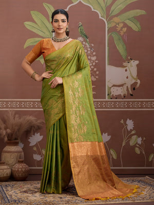 Green Tussar Silk Handloom Weaving Saree With Blouse Piece