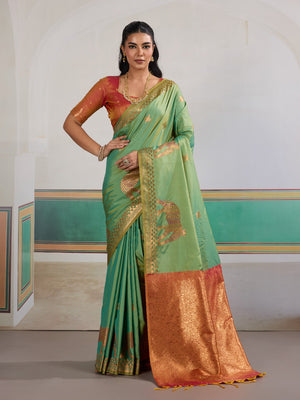 Sea-Green Pure Silk Handloom Weaving Saree With Blouse Piece