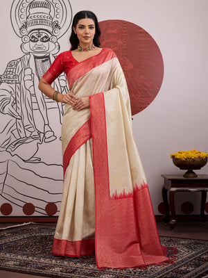 Pink Handloom Weaving Paper Silk Saree With Blouse Piece